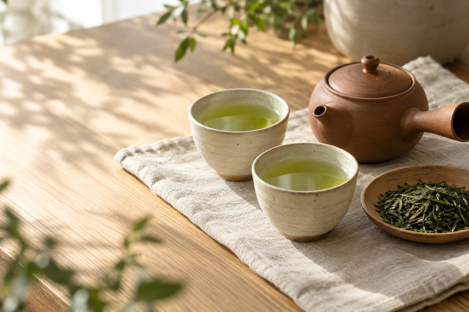 A Japanese teapot, green tea and loose tea leaves on a sunlit table