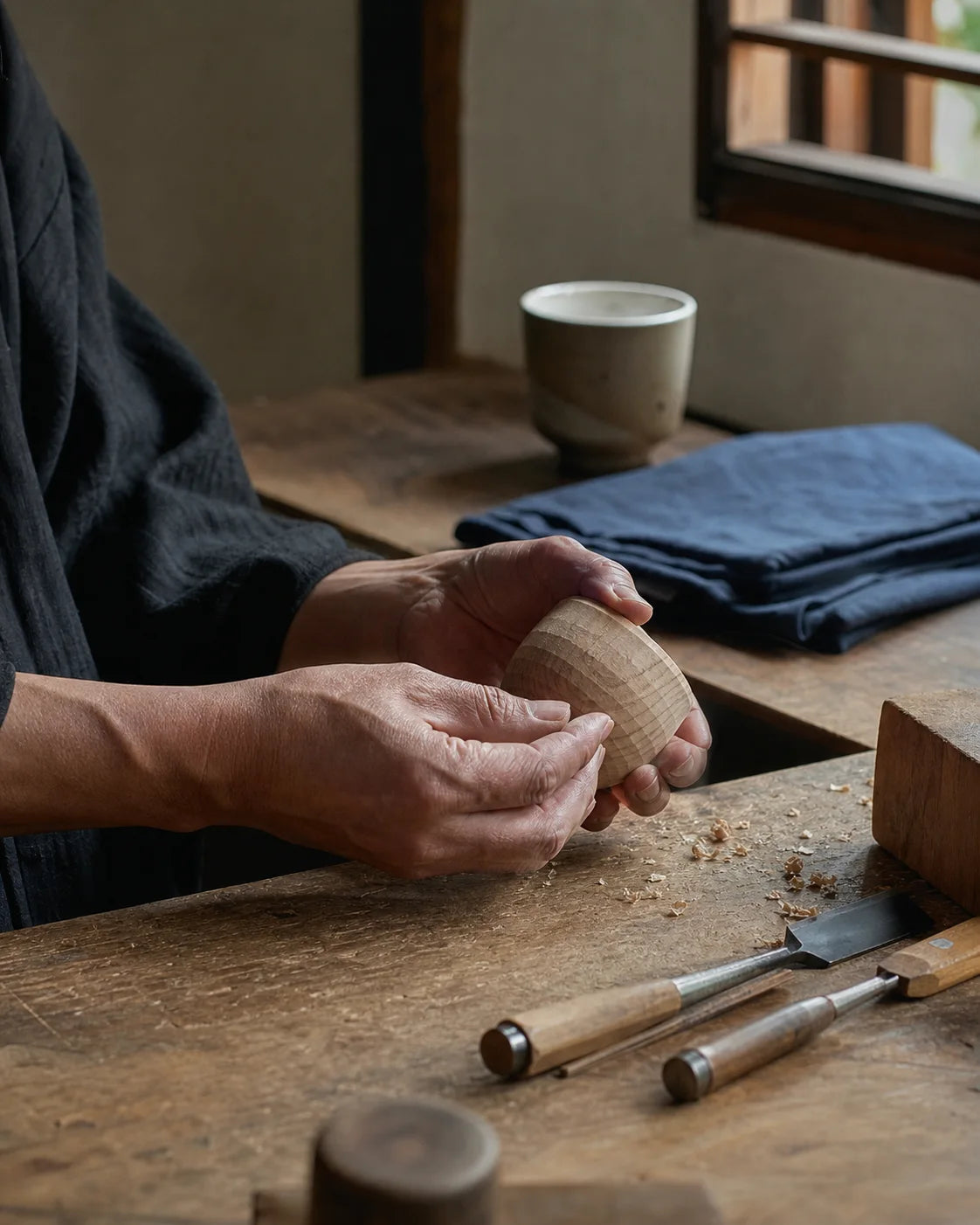 Artisan hands shaping wood in a refined studio setting